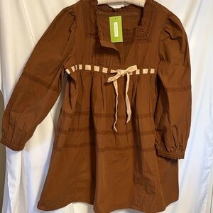 Babydoll Brown Midi Long Sleeve Dress With Lace Details. Size XL NWT